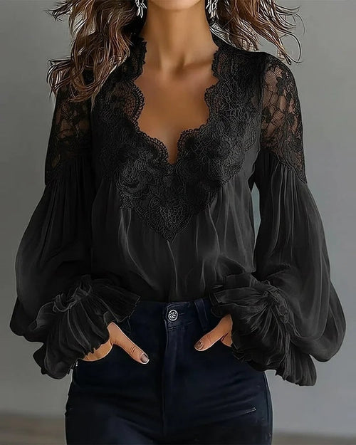 Women’s Long Puff Sleeve Lace Blouse – Elegant Vintage Style Top