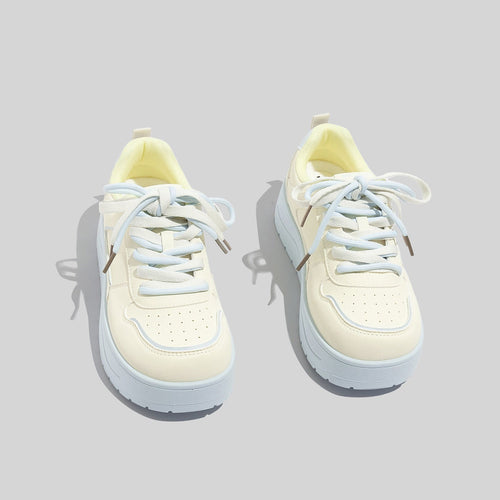 Women's Stylish Laced Up Beige Leather Sneakers With Platform Sole