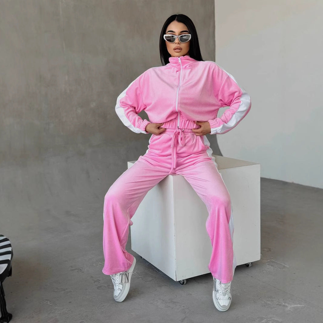 Women’s Zip-Up Velvet Tracksuit With Side Stripe – Luxury Lounge Set