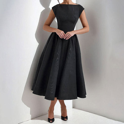 Women's High Neck Line Midi Dress with Gathers - Elegant Sleeveless Cocktail Dress