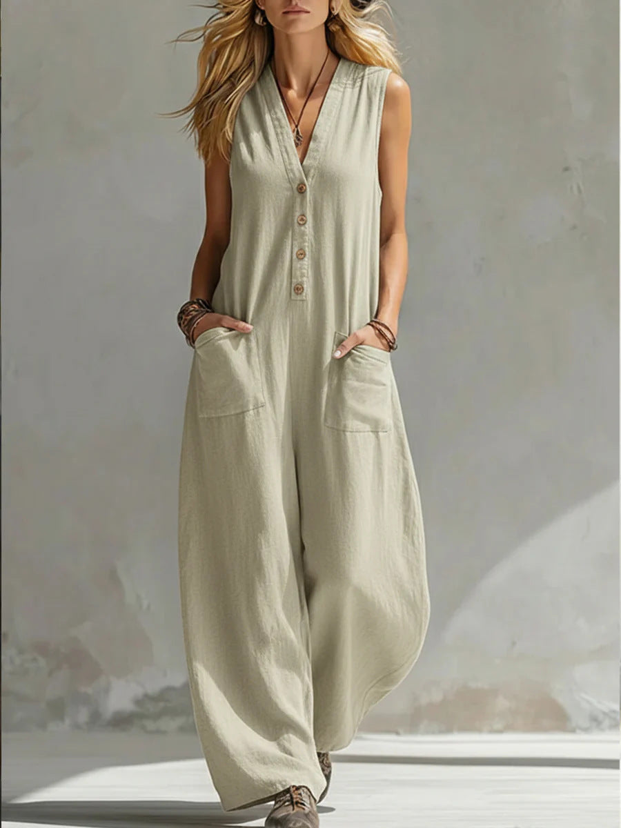 Women’s Sleeveless V-Neck Jumpsuit – Wide Leg With Pockets
