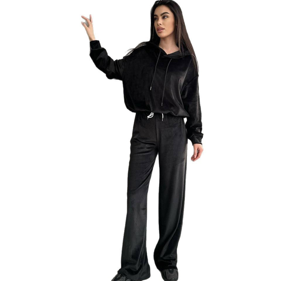 Women’s Velvet Hoodie And Wide Leg Trousers Set – Cozy Lounge Outfit