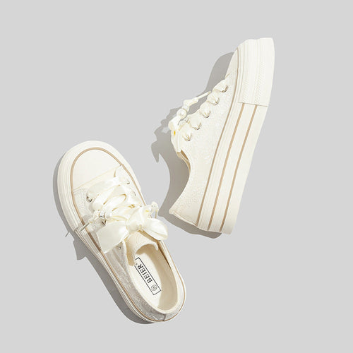 Women's Beige Platform Sneakers With Elegant Satin Lacing