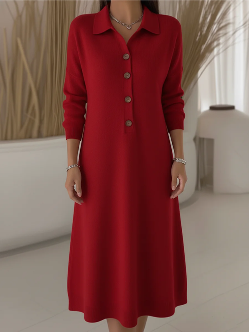 Women's Long Red Button-Down Dress – Collared Longsleeve Maxi Dress