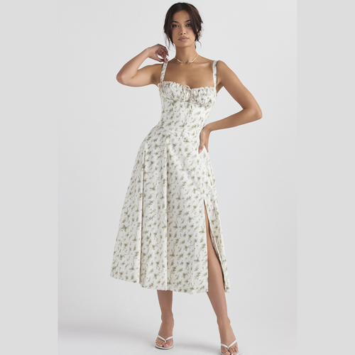 Women's Elegant Sleeveless Floral Party Dress with Slit and Sweetheart Neckline