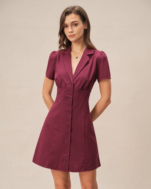 Women's Buttoned Short Sleeve Mini Dress – Notch Lapel Collar Casual Chic