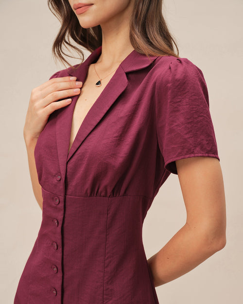 Women's Buttoned Short Sleeve Mini Dress – Notch Lapel Collar Casual Chic