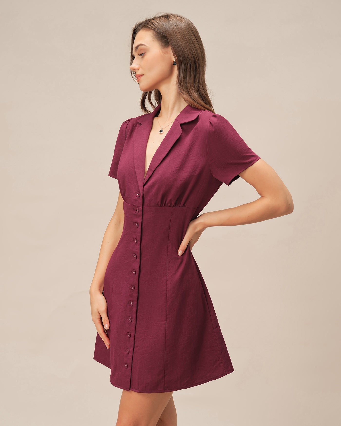 Women's Buttoned Short Sleeve Mini Dress – Notch Lapel Collar Casual Chic