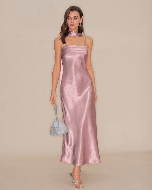 Women's Satin Sleeveless Long Dress – Open Back Elegant Evening Gown