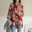 Women's Colorful Print Button-Up Shirt – Loose Fit Long Casual Top