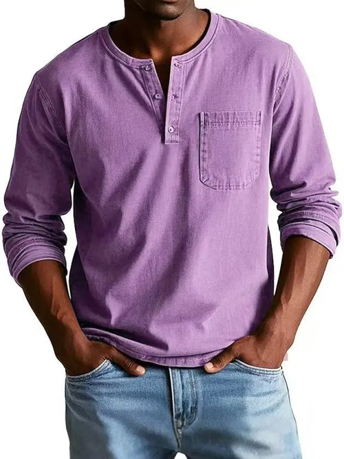 Men's Buttoned Round Neck Long Sleeve Denim Shirt – Casual Henley