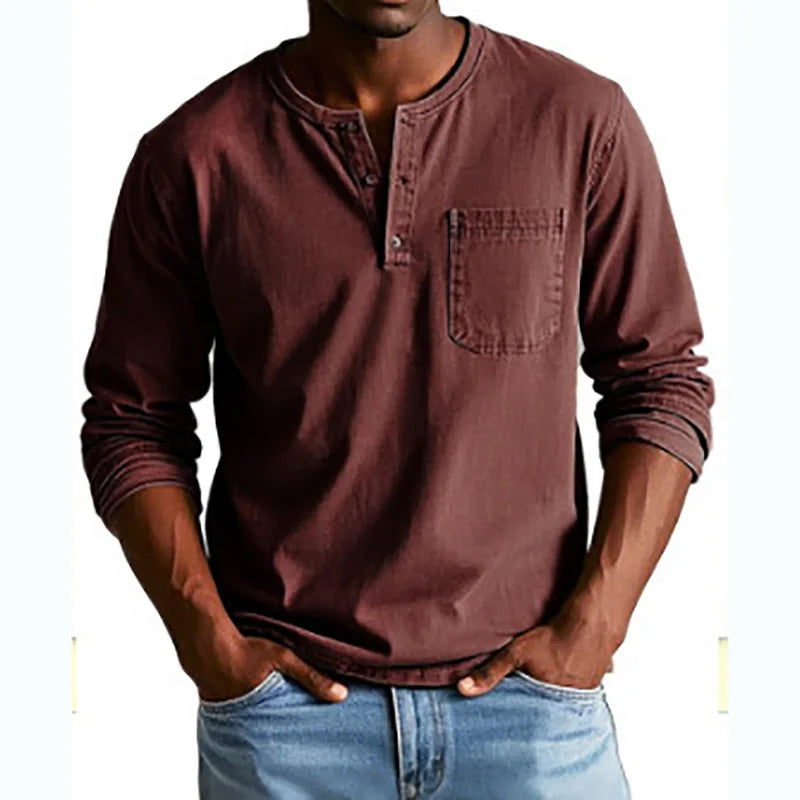 Men's Buttoned Round Neck Long Sleeve Denim Shirt – Casual Henley