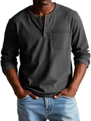 Men's Buttoned Round Neck Long Sleeve Denim Shirt – Casual Henley