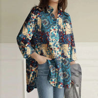 Women's Colorful Print Button-Up Shirt – Loose Fit Long Casual Top