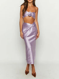 3D Flowers Ruched Satin Bandeau Two Piece Skirt Set