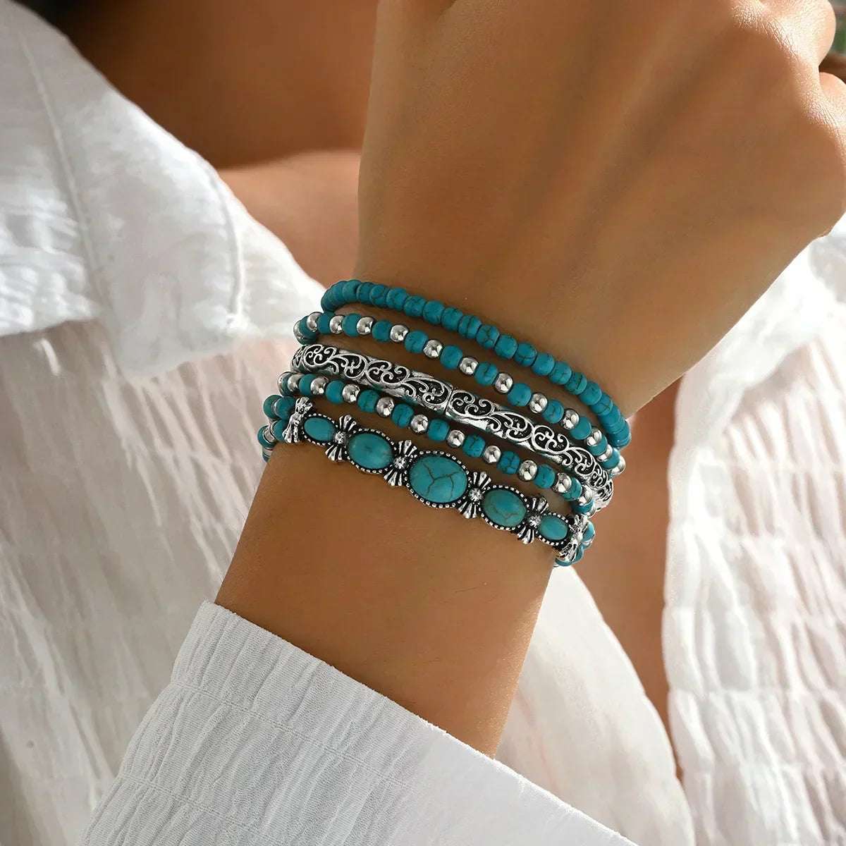 Women's Elegant Layered Turquoise Beaded Bracelet – Multi-Strand Wrist Jewelry
