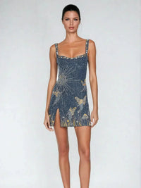 Shimmering Starry Mini Dress – Sparkle Detail, Sleeveless, Slit Detail