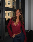 Women's Lace Trim V-Neck Long Sleeve Top – Elegant Fitted Blouse
