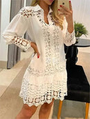 Women's Button-Front Long Sleeve Mini Dress – Lace Summer Outfit