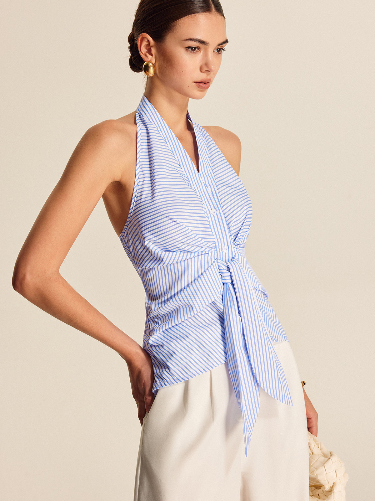 Striped Halter Top for Women – Summer V-Neck Sleeveless Blouse in Breathable Polyester 2