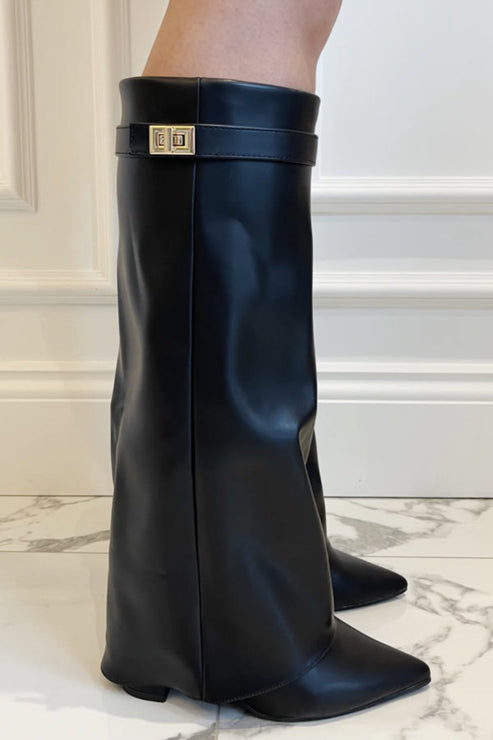 Stylish High Boots with Flap and Block Heel – 8.5cm Leather or Suede