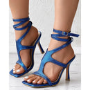 Ankle-Strap Textured Pyramid Heeled Abstract Print Korean Style High Heel