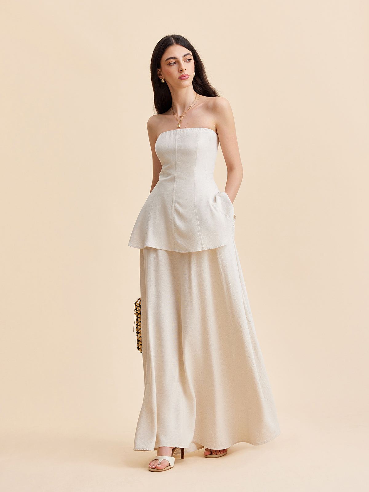 Summer Strapless Linen Blend Set for Women – Elegant Top and Flowing Skirt