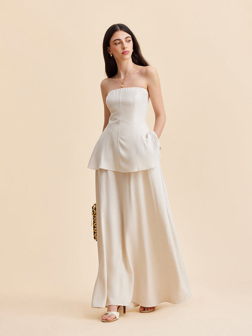 Summer Strapless Linen Blend Set for Women – Elegant Top and Flowing Skirt 0