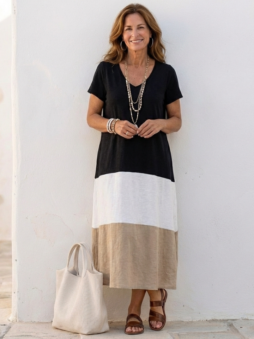 Women’s Color Block V-Neck Midi Dress – Short Sleeve Casual Chic Style