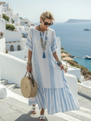 Women’s Elegant Striped Maxi Dress – Round Neck Short Sleeve Casual Chic Style