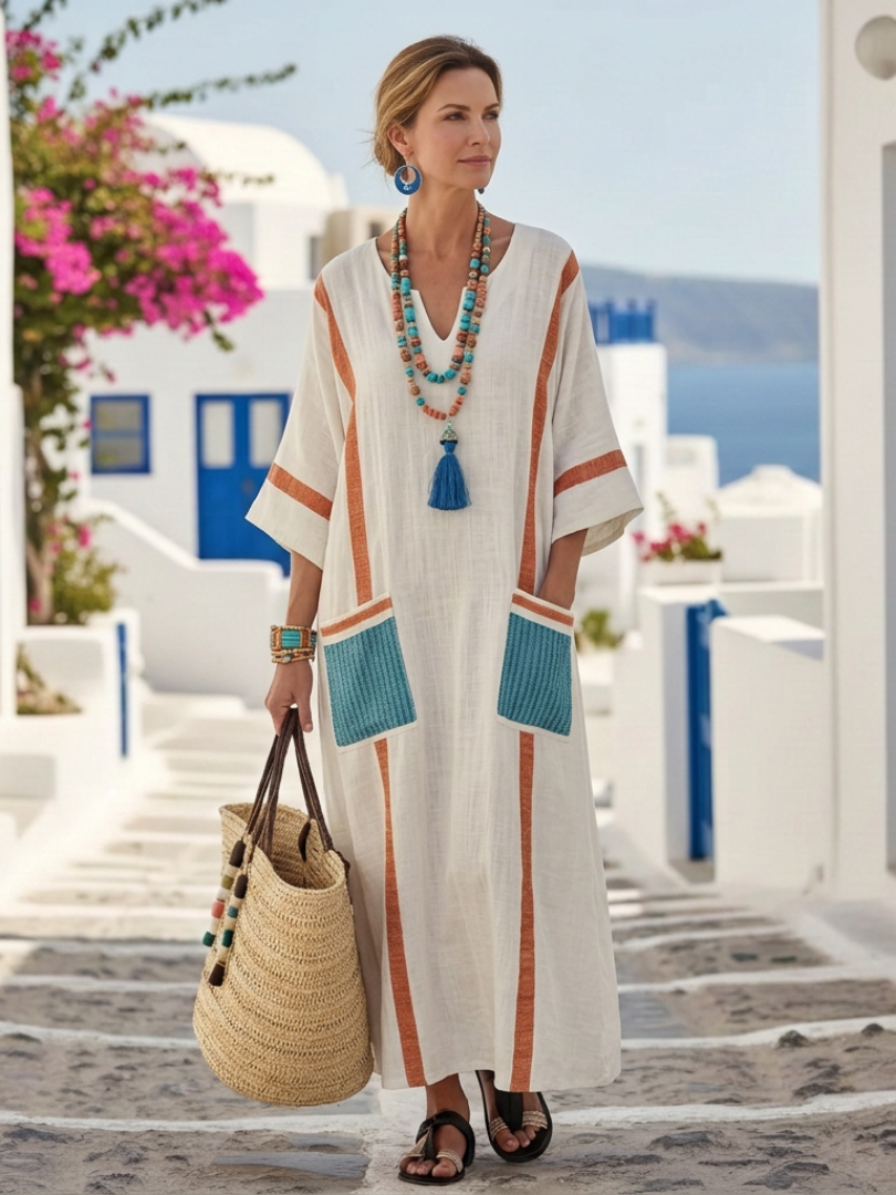 Women’s V-Neck Maxi Dress – Half Sleeve Pocket Casual Elegant Style