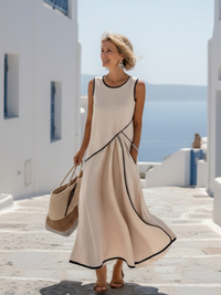 Women’s Sleeveless Draped Maxi Dress – Round Neck Flowy Elegant Style