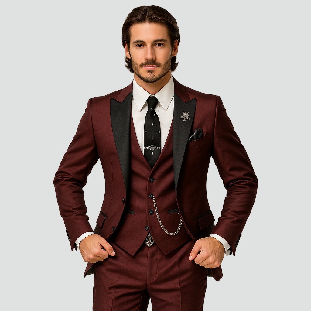 Men’s 3-Piece Slim Fit Suit – Satin Lapel Gilet Elegant Wedding Formal Style