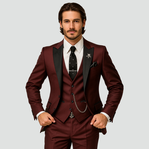 Men’s 3-Piece Slim Fit Suit – Satin Lapel Gilet Elegant Wedding Formal Style