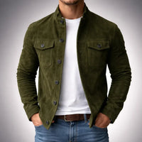 Men's Olive Green Suede Button-Up Jacket – Stylish Casual Outerwear