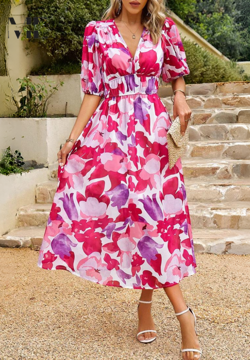 Women's Floral Midi Dress With Puff Sleeves – Elegant Casual Dress