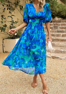 Women's Floral Midi Dress With Puff Sleeves – Elegant Casual Dress