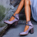 Women's Closed Toe Leather Block Heel Pumps – Buckle Accent Shoes