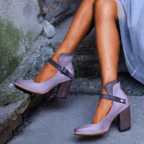 Women's Closed Toe Leather Block Heel Pumps – Buckle Accent Shoes