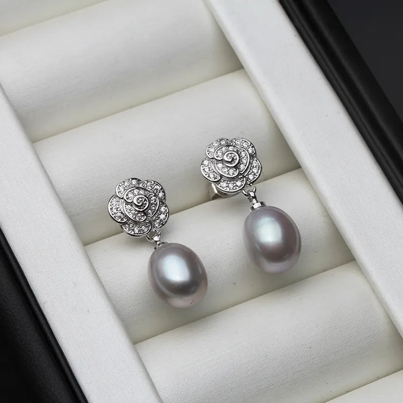 Women's Vintage Silver Flower Pearl Earrings – Romantic Elegant Jewelry