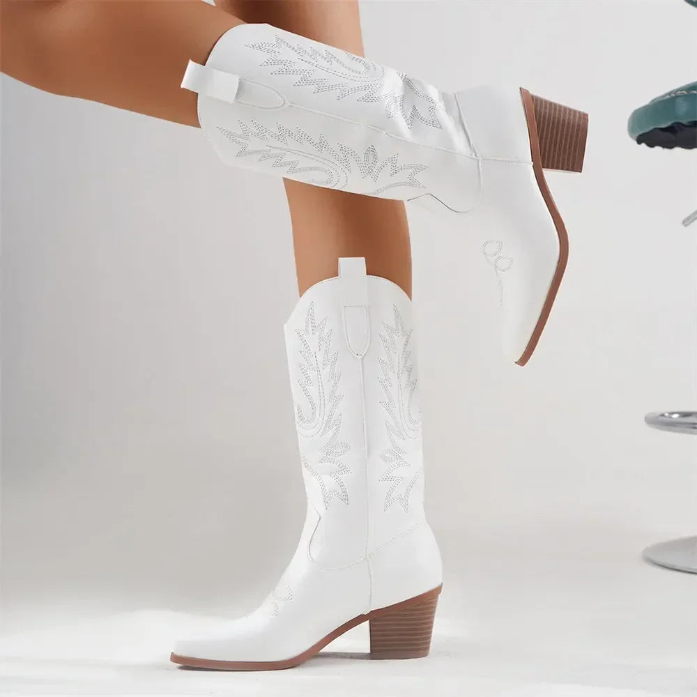 Women’s Western Knee-High Boots – Embroidered Detailing & Block Heel