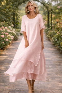Women's Layered Chiffon Midi Dress – Round Neck Loose Fit Elegant Dress