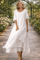 Layered Chiffon Round-Neck Midi Dress