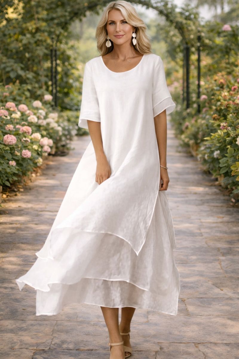 Layered Chiffon Round-Neck Midi Dress