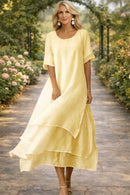 Layered Chiffon Round-Neck Midi Dress