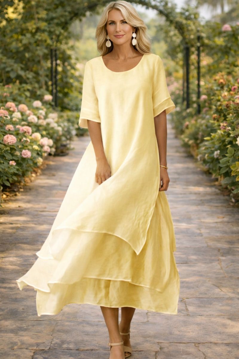 Layered Chiffon Round-Neck Midi Dress