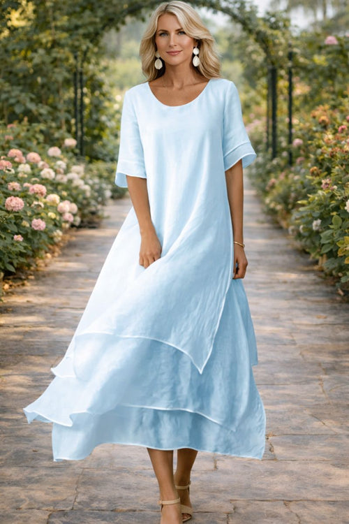Women's Layered Chiffon Midi Dress – Round Neck Loose Fit Elegant Dress