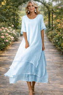 Layered Chiffon Midi Dress with Round Neck