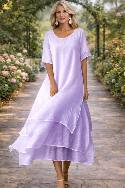 Layered Chiffon Midi Dress with Round Neck