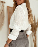 Women's White Buttoned Embroidered Blouse – Elegant Long Sleeve Top